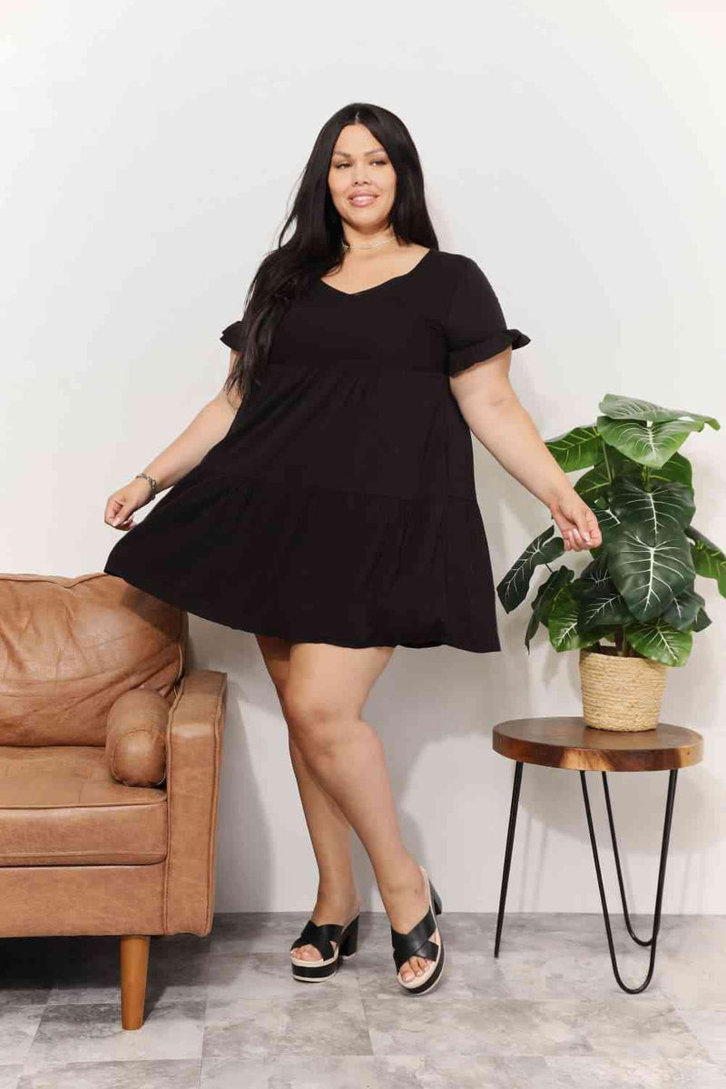 Double Take V-Neck Flounce Sleeve Tiered Dress - Three Mad Hatters Mercantile 