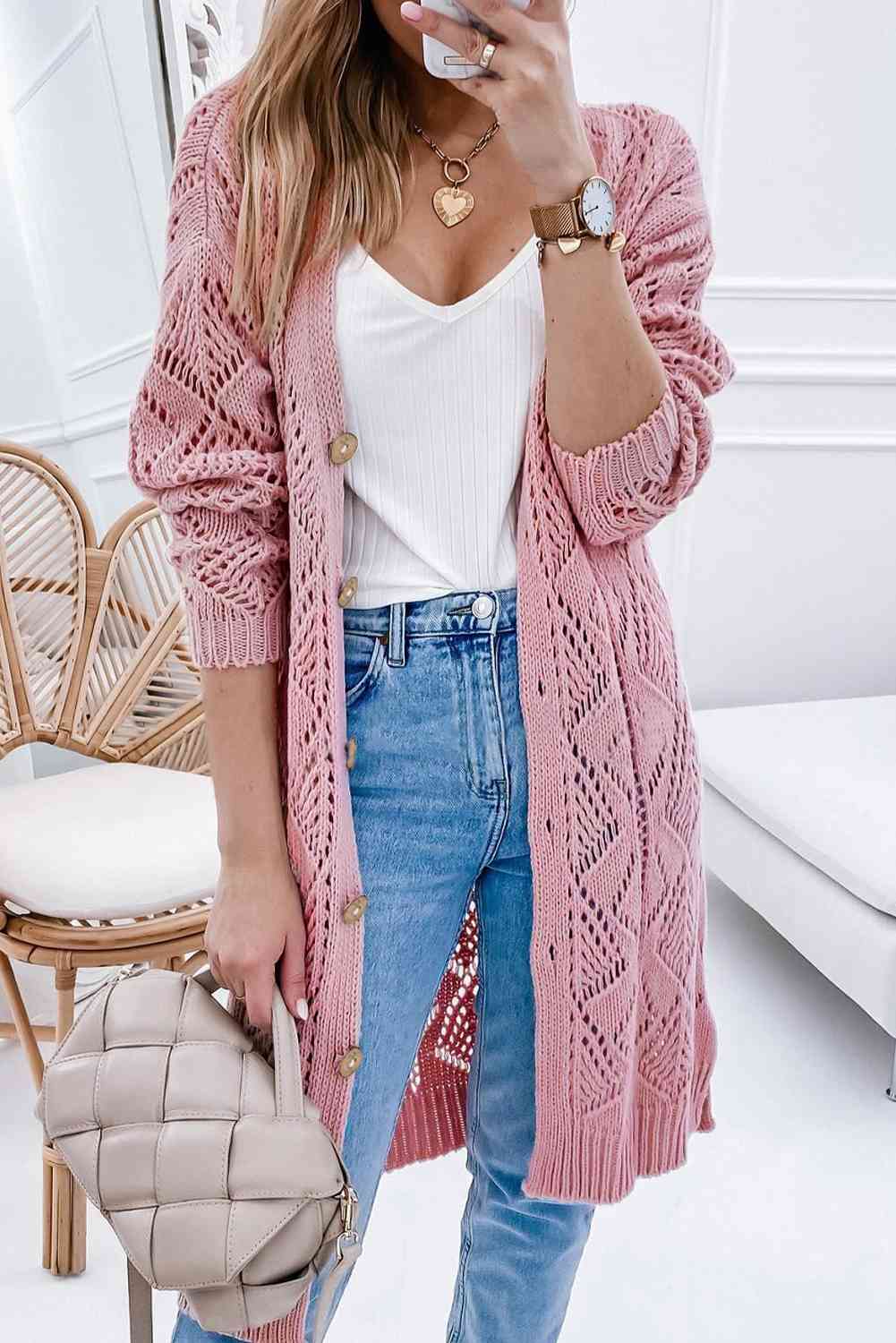 V-Neck Long Sleeve Cardigan Cardigan Dusty Pink S 