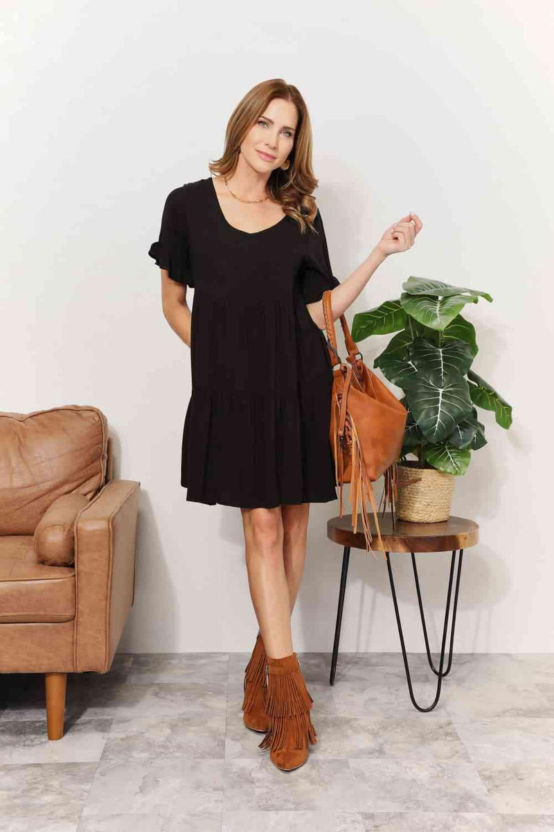 Double Take V-Neck Flounce Sleeve Tiered Dress - Three Mad Hatters Mercantile 