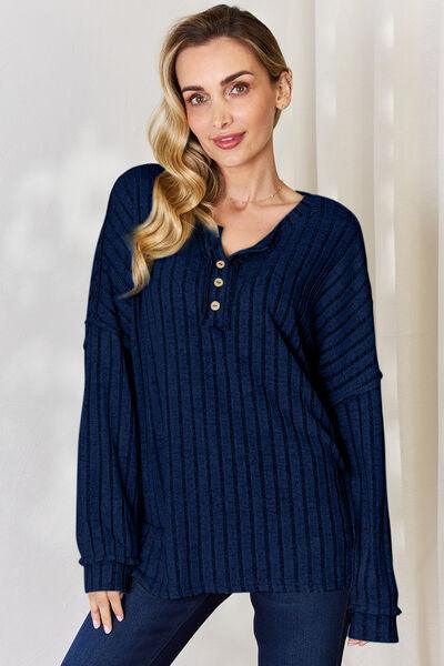 Basic Bae Full Size Ribbed Half Button Long Sleeve T-Shirt - Three Mad Hatters Mercantile 