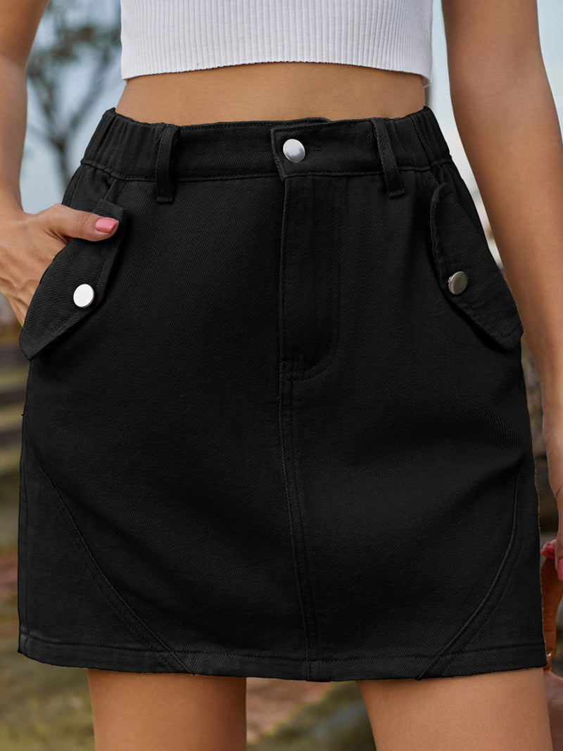 Pocketed Buttoned Mini Denim Skirt Womens Denim Skirt Black S 