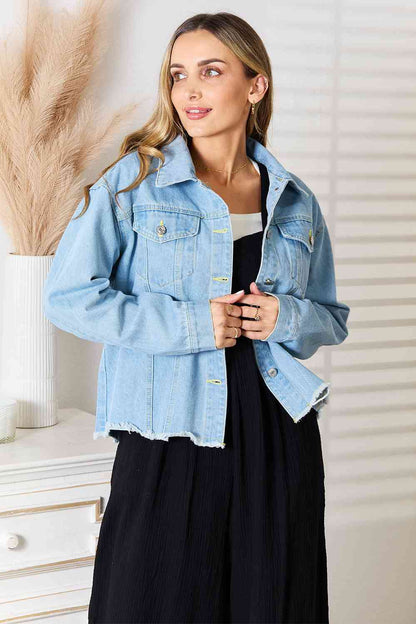 Double Take Dropped Shoulder Raw Hem Denim Jacket Denim Jacket Medium S 