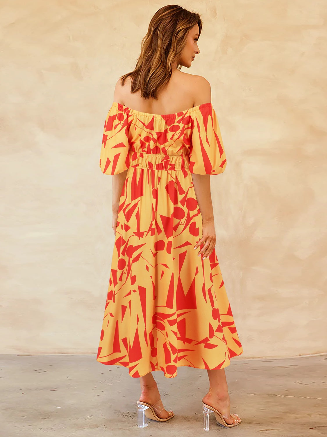 Printed Off-Shoulder Balloon Sleeve Dress Womens Midi Dress   