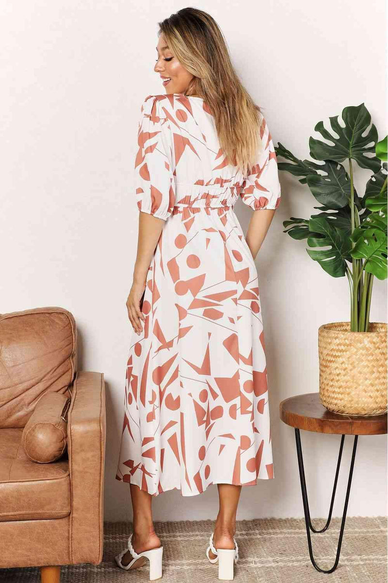 Double Take Printed Surplice Balloon Sleeve Dress - Three Mad Hatters Mercantile 