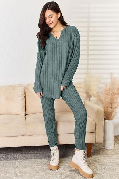 Basic Bae Full Size Notched Long Sleeve Top and Pants Set - Three Mad Hatters Mercantile 