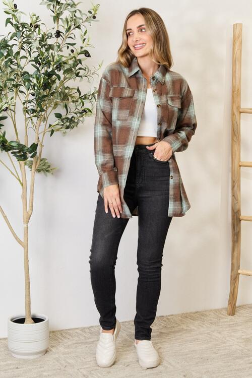 Double Take Plaid Dropped Shoulder Shirt Long Sleeve Shirt   