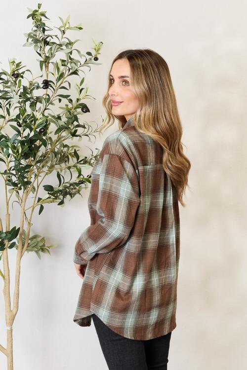 Double Take Plaid Dropped Shoulder Shirt Long Sleeve Shirt   