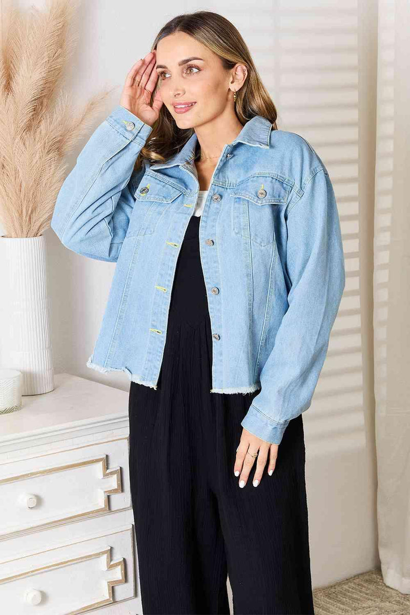 Double Take Dropped Shoulder Raw Hem Denim Jacket - Three Mad Hatters Mercantile 