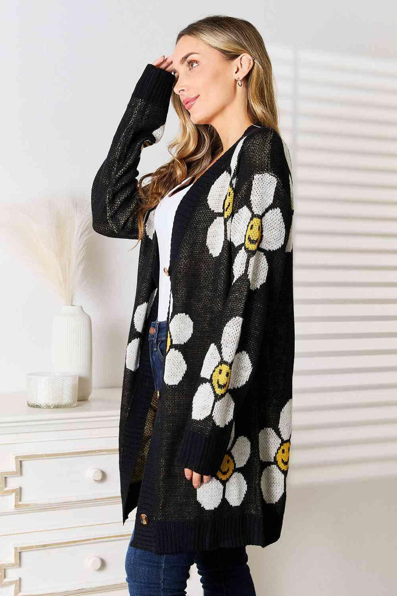 Double Take Floral Button Down Longline Cardigan - Three Mad Hatters Mercantile 