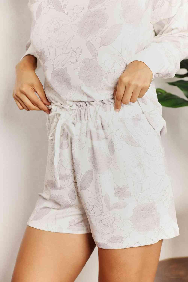 Double Take Floral Long Sleeve Top and Shorts Loungewear Set - Three Mad Hatters Mercantile 
