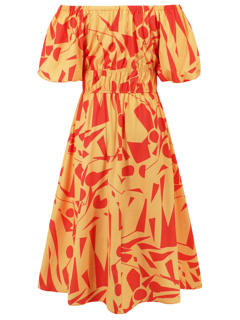 Printed Off-Shoulder Balloon Sleeve Dress Womens Midi Dress   