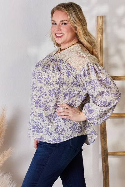 Hailey & Co Full Size Lace Detail Printed Blouse Long Sleeve Blouse   