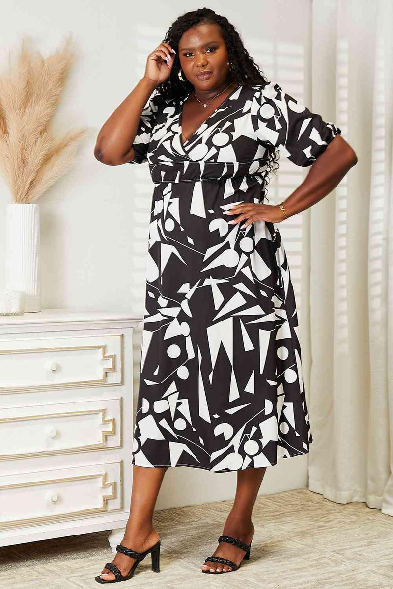 Double Take Printed Surplice Balloon Sleeve Dress - Three Mad Hatters Mercantile 