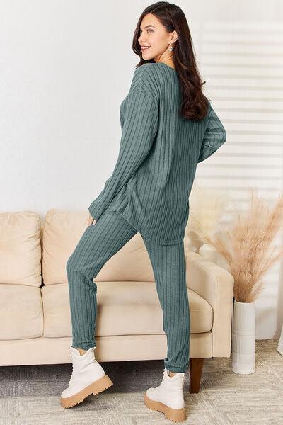 Basic Bae Full Size Notched Long Sleeve Top and Pants Set - Three Mad Hatters Mercantile 
