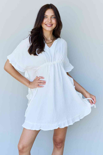 Ninexis Out Of Time Full Size Ruffle Hem Dress with Drawstring Waistband in White women mini dress White S 