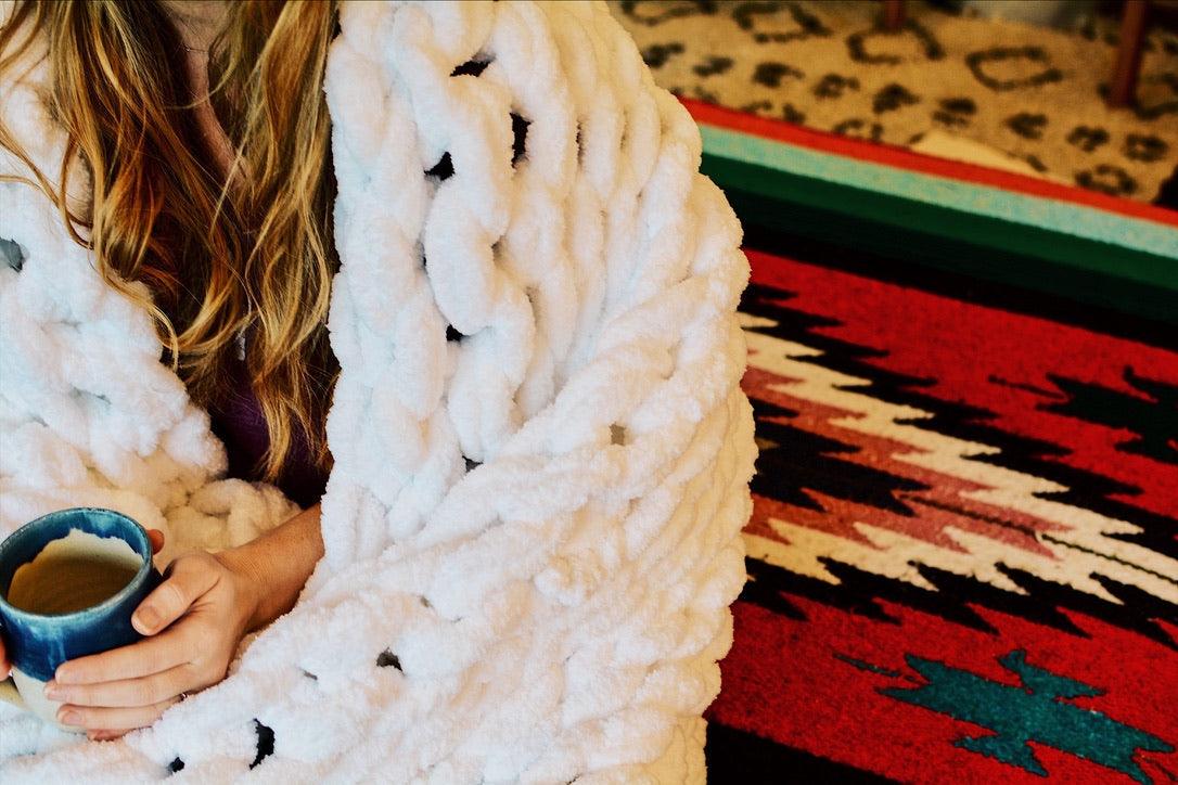 Chunky Knit Blanket in White - Three Mad Hatters Mercantile 