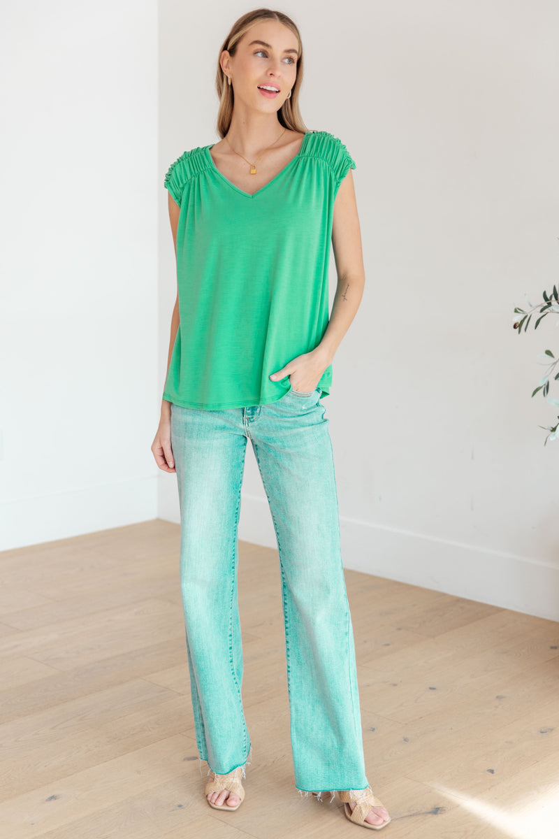 Ruched Cap Sleeve Top in Emerald Womens Blouse   