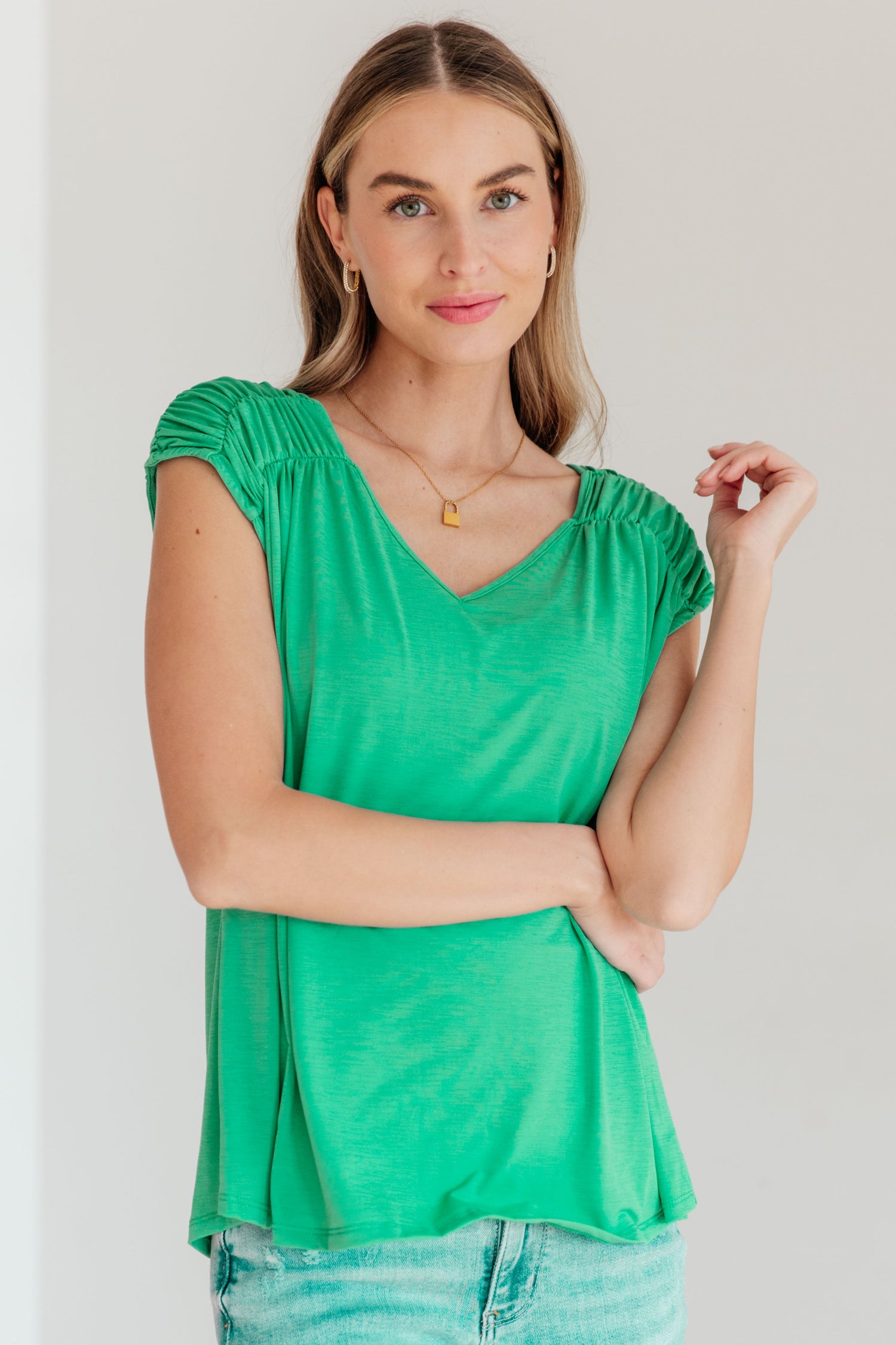 Ruched Cap Sleeve Top in Emerald Womens Blouse   