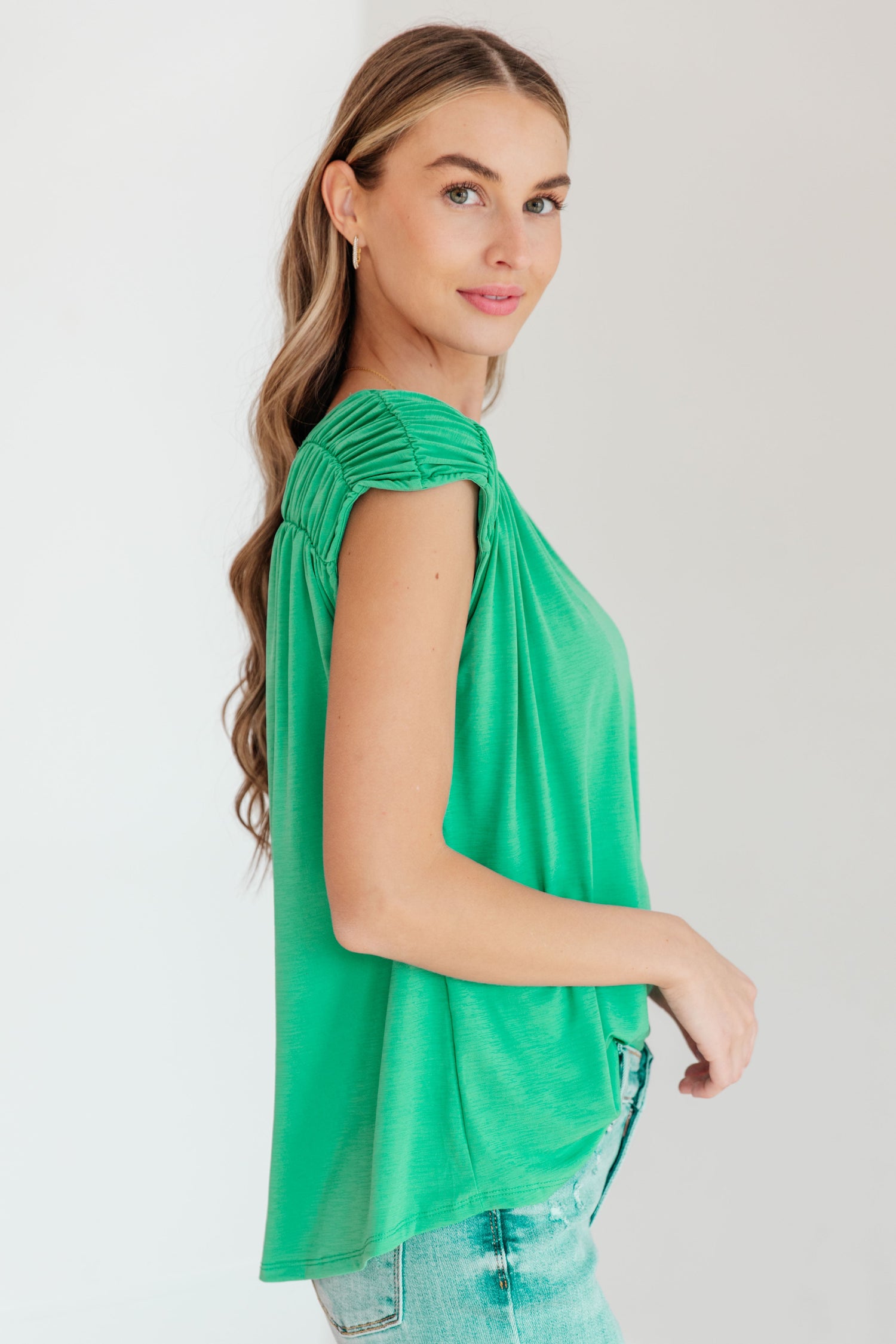 Ruched Cap Sleeve Top in Emerald Womens Blouse   