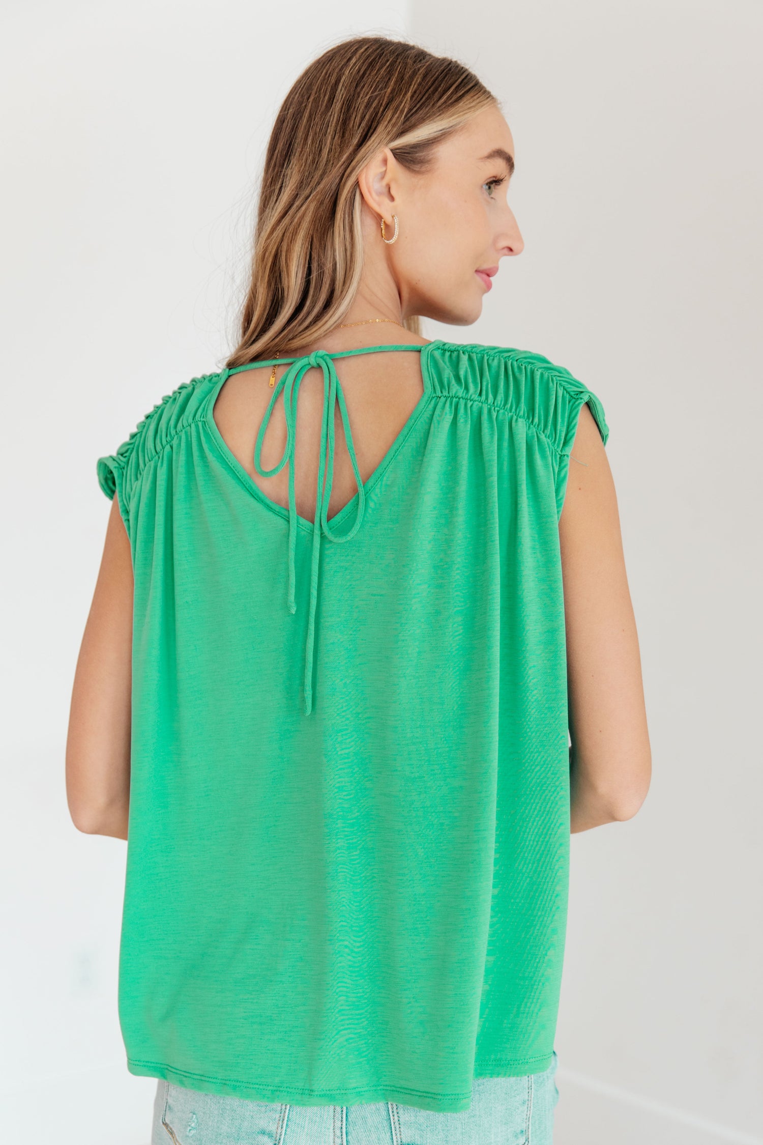 Ruched Cap Sleeve Top in Emerald Womens Blouse   