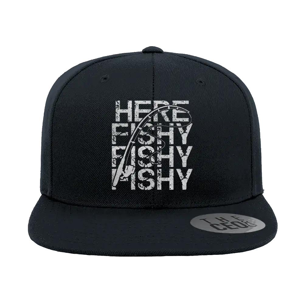 Here Fishy Fishy Embroidered Flat Bill Cap Mens Flatbill Hat   