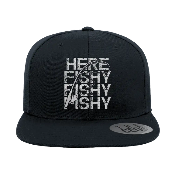 Here Fishy Fishy Embroidered Flat Bill Cap Mens Flatbill Hat   