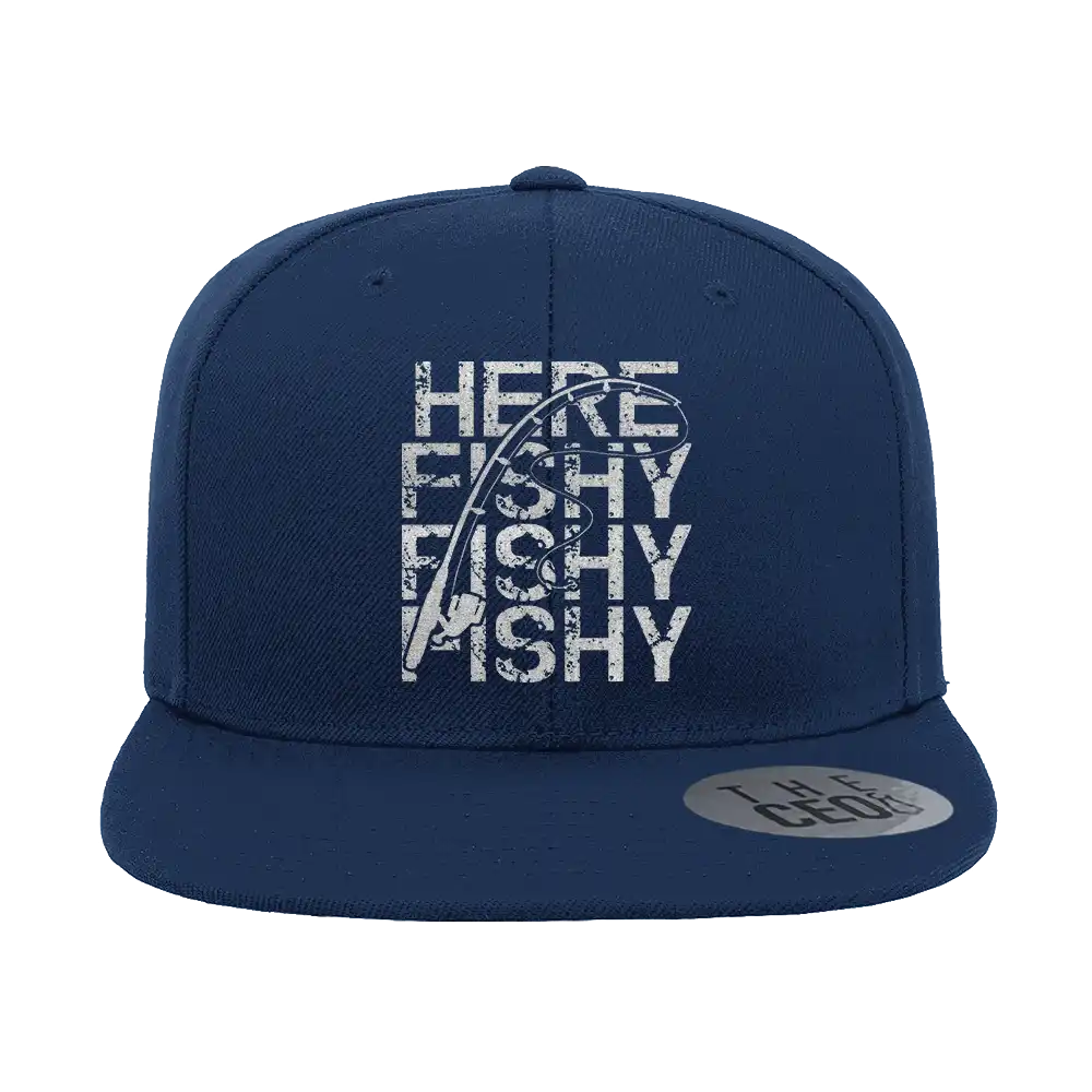 Here Fishy Fishy Embroidered Flat Bill Cap Mens Flatbill Hat   