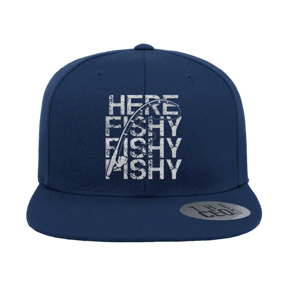 Here Fishy Fishy Embroidered Flat Bill Cap Mens Flatbill Hat   