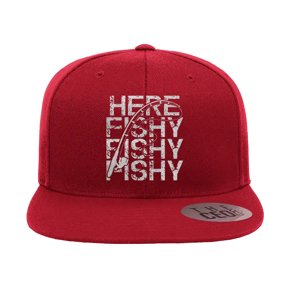 Here Fishy Fishy Embroidered Flat Bill Cap Mens Flatbill Hat   