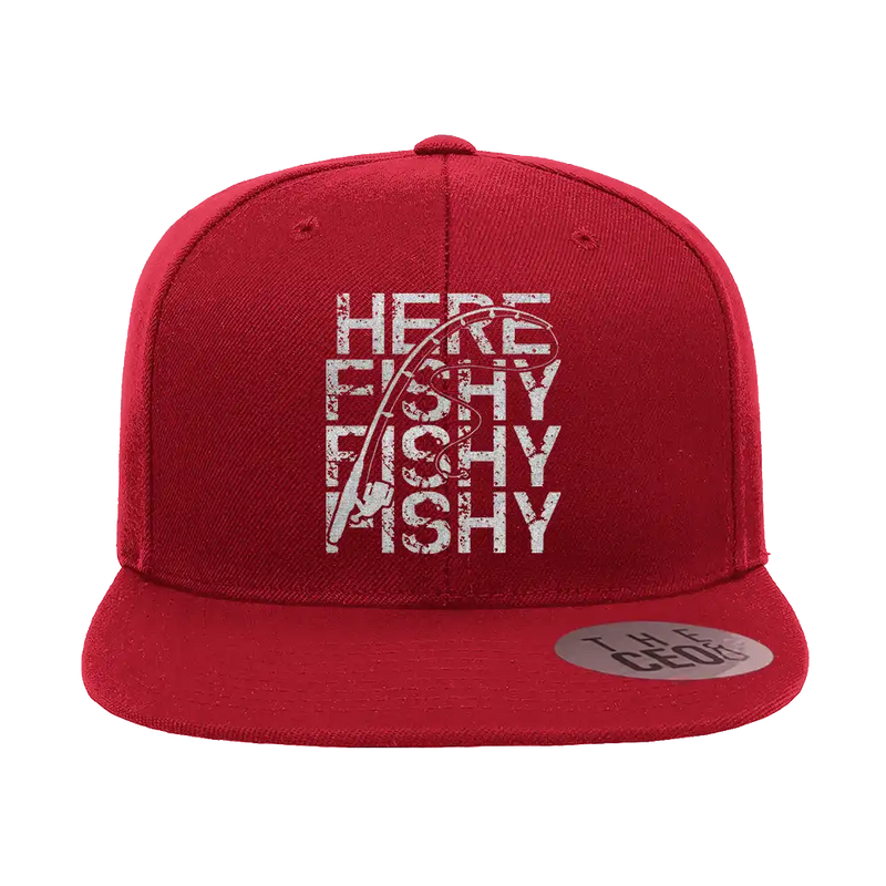 Here Fishy Fishy Embroidered Flat Bill Cap Mens Flatbill Hat   