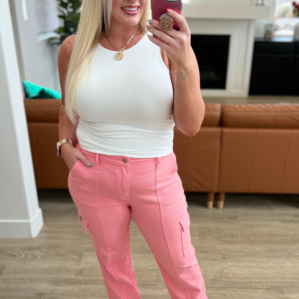 Peggy High Rise Cargo Straight Jeans in Pink - Three Mad Hatters Mercantile 