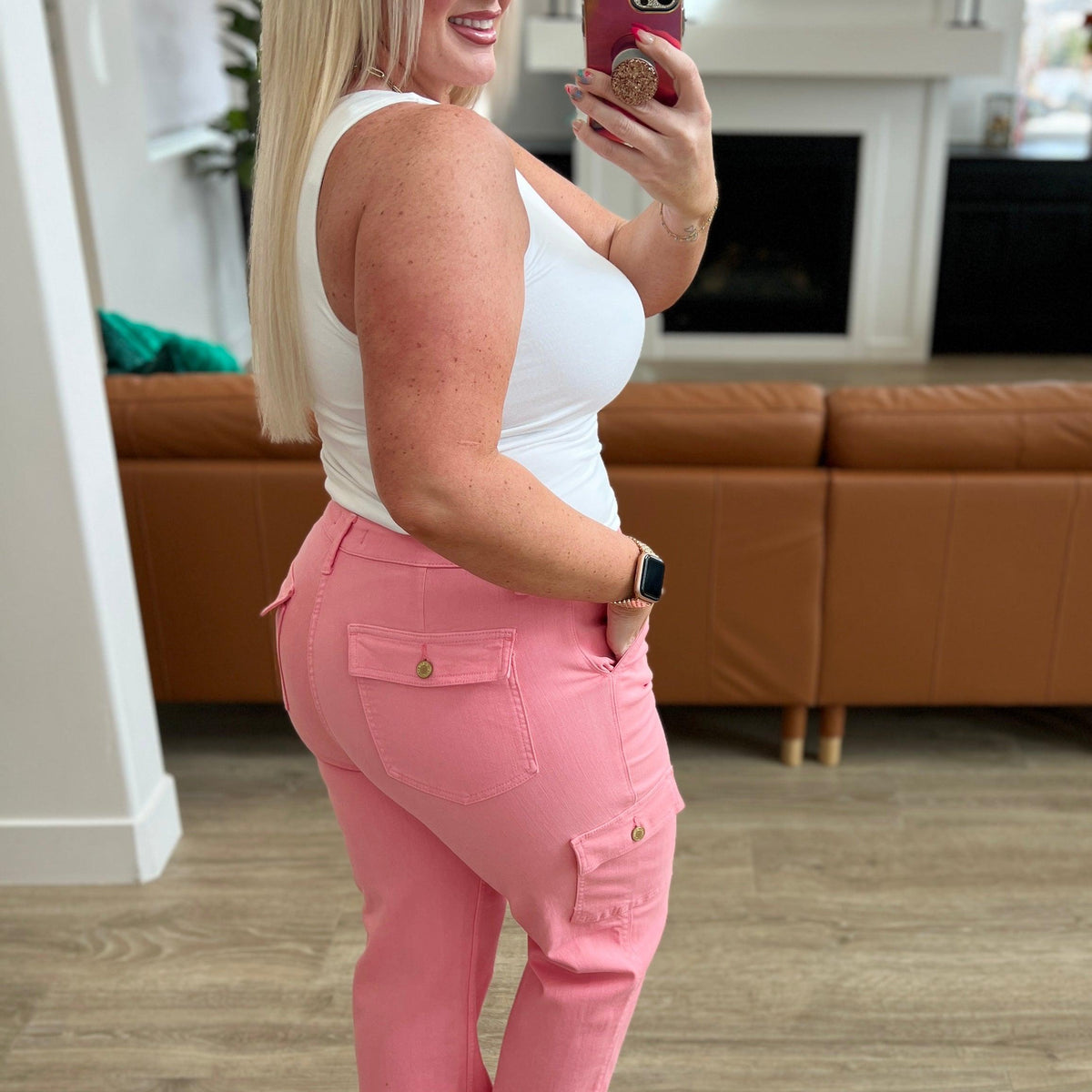 Peggy High Rise Cargo Straight Jeans in Pink - Three Mad Hatters Mercantile 