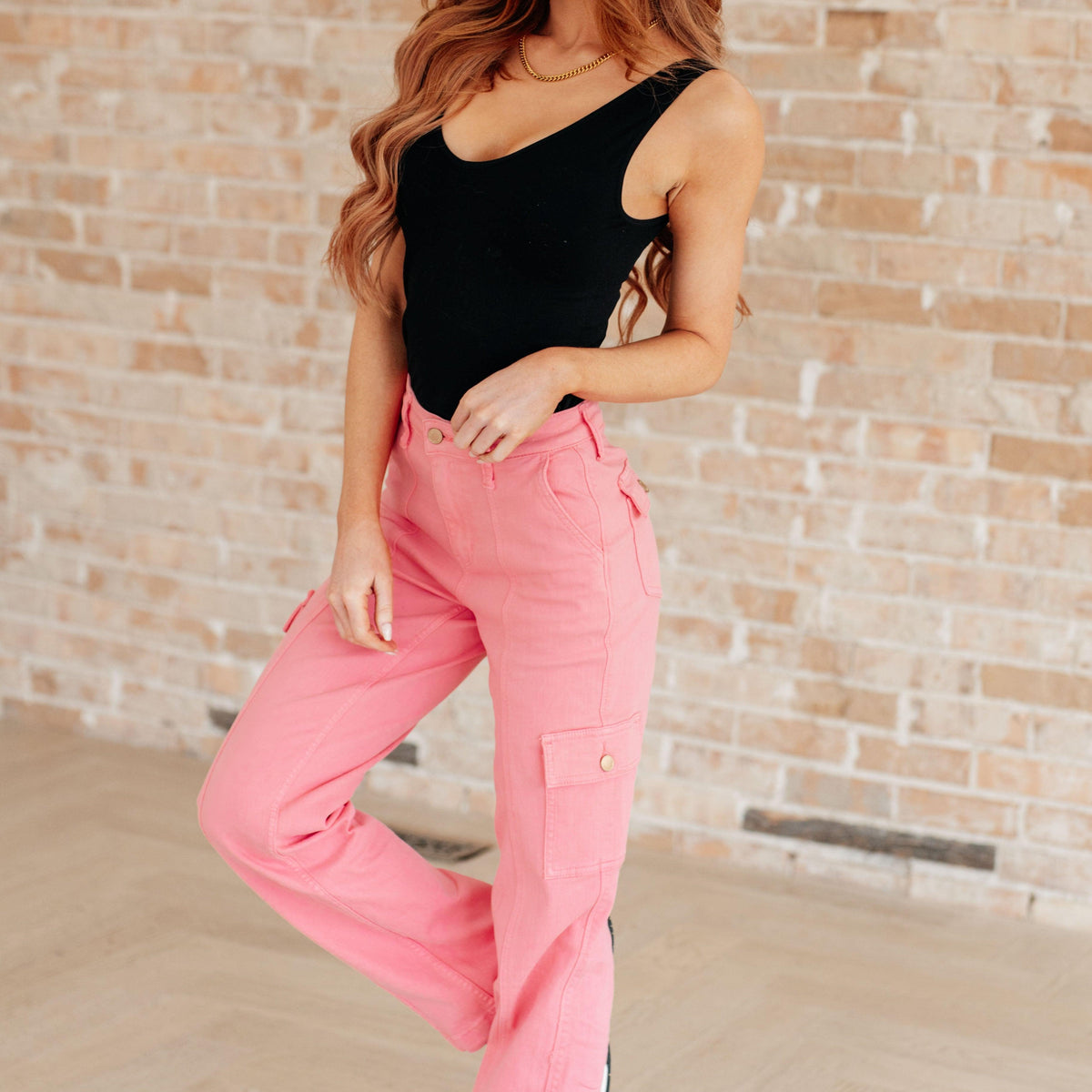 Peggy High Rise Cargo Straight Jeans in Pink - Three Mad Hatters Mercantile 
