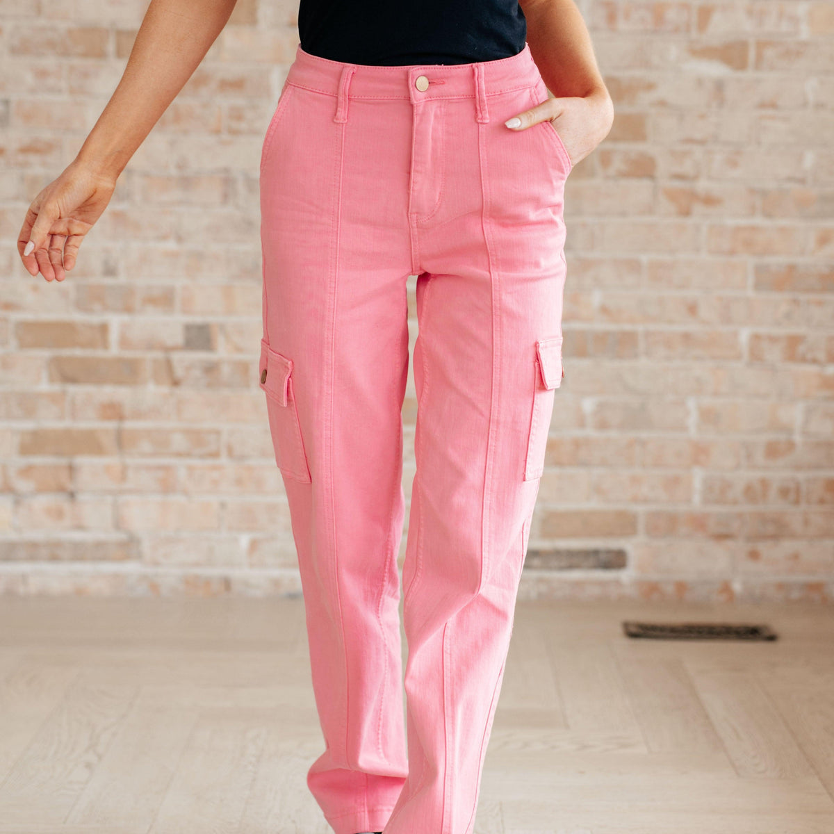 Peggy High Rise Cargo Straight Jeans in Pink - Three Mad Hatters Mercantile 