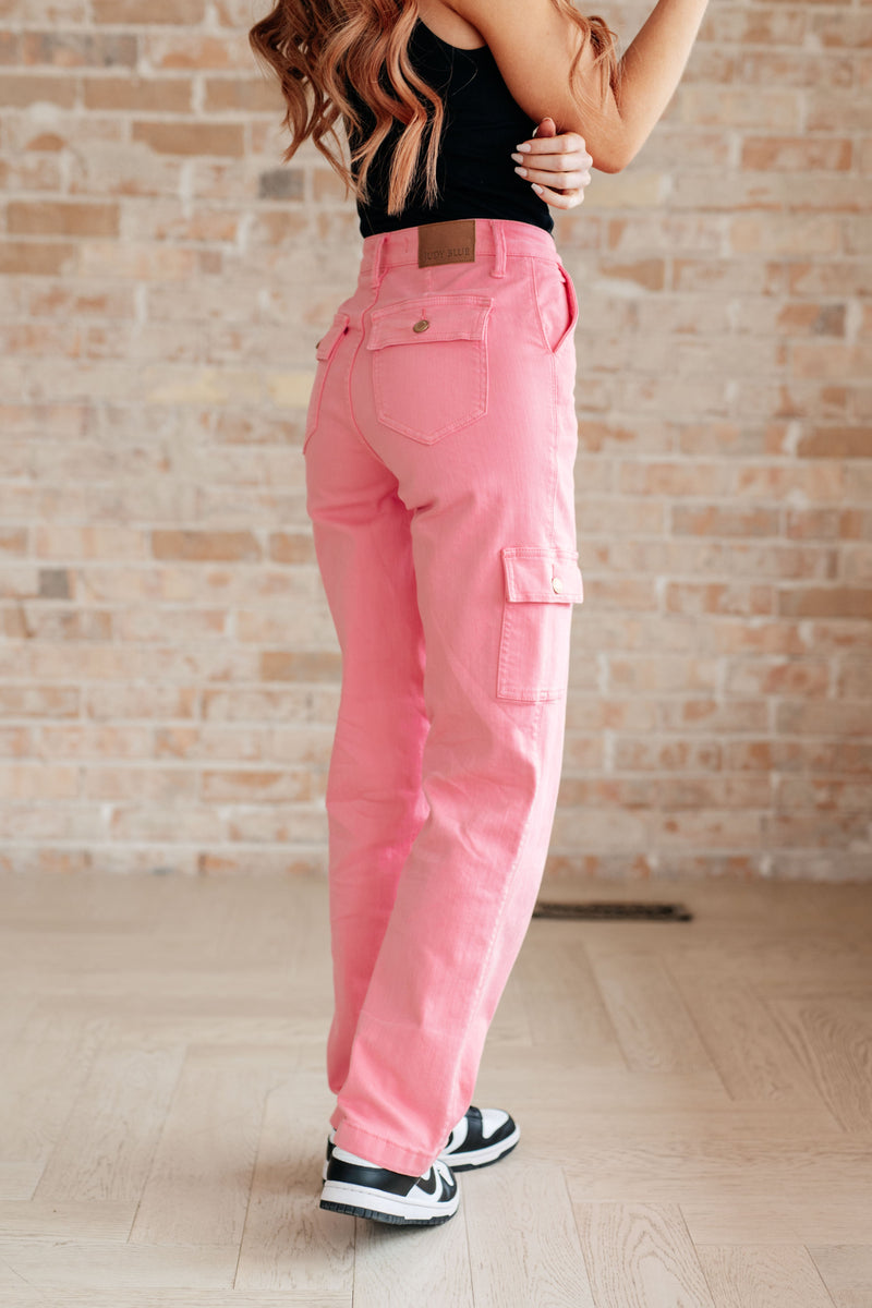 Peggy High Rise Cargo Straight Jeans in Pink Womens Cargo Jeans   