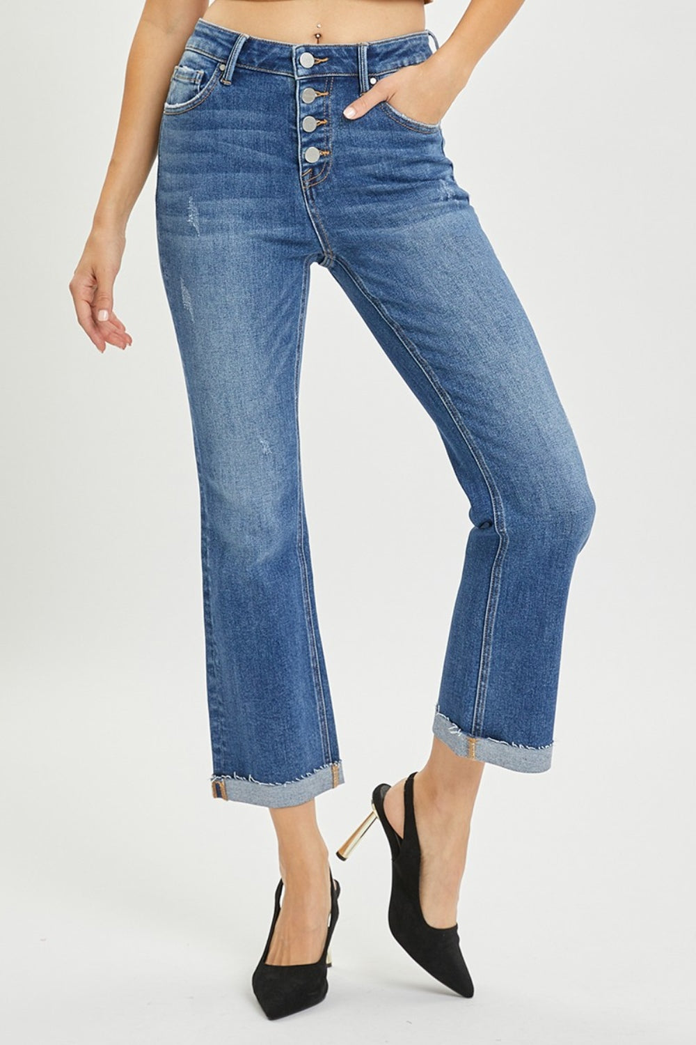 RISEN  Button Fly Cropped Bootcut Jeans Womens Cropped Jeans   