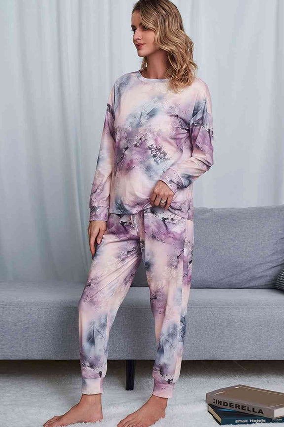 Tie-Dye Crewneck Top and Drawstring Waist Joggers Lounge Set Lounge Set   