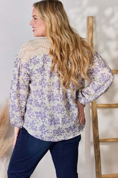 Hailey & Co Full Size Lace Detail Printed Blouse Long Sleeve Blouse   