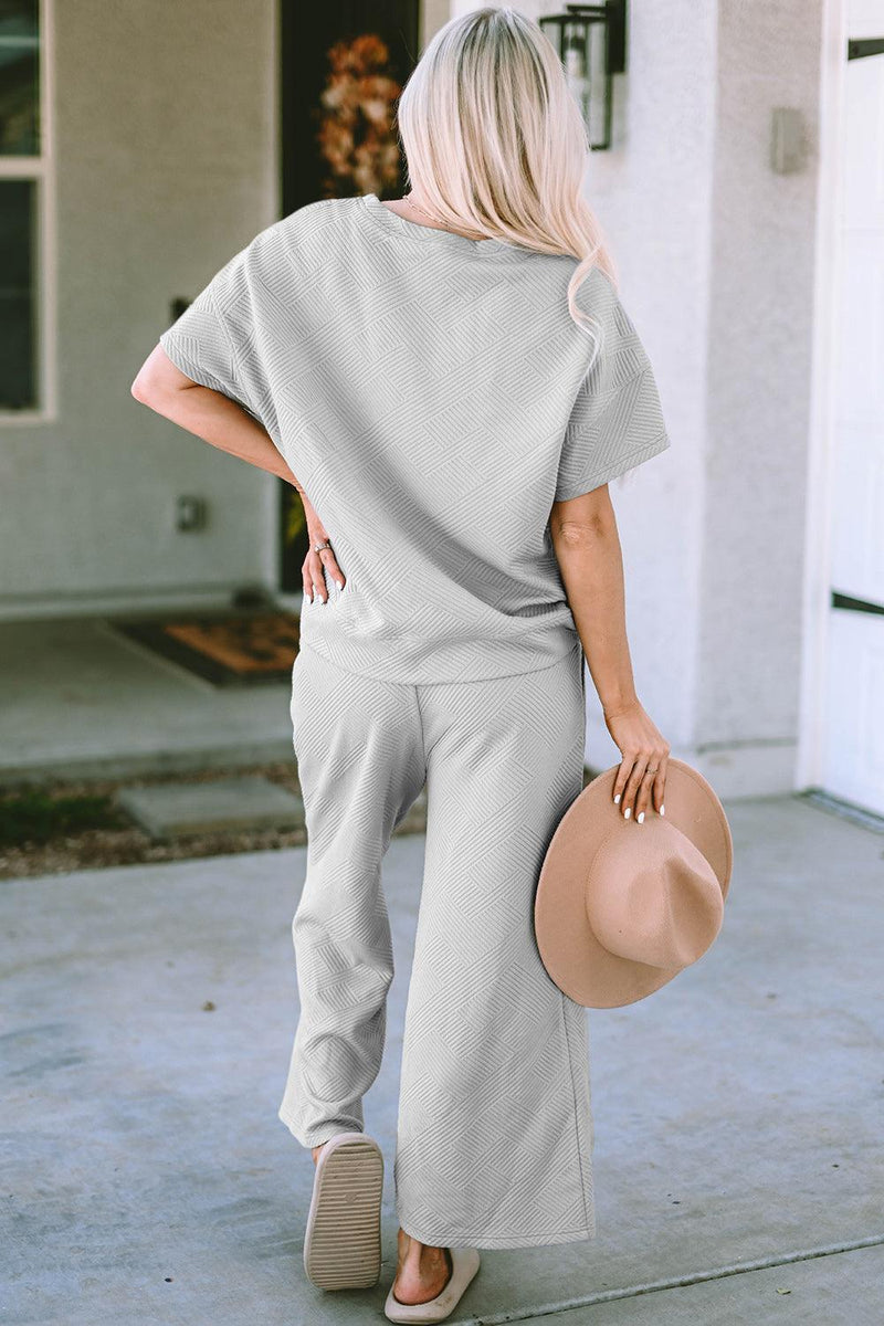 Double Take Texture Short Sleeve Top and Pants Set - Three Mad Hatters Mercantile 