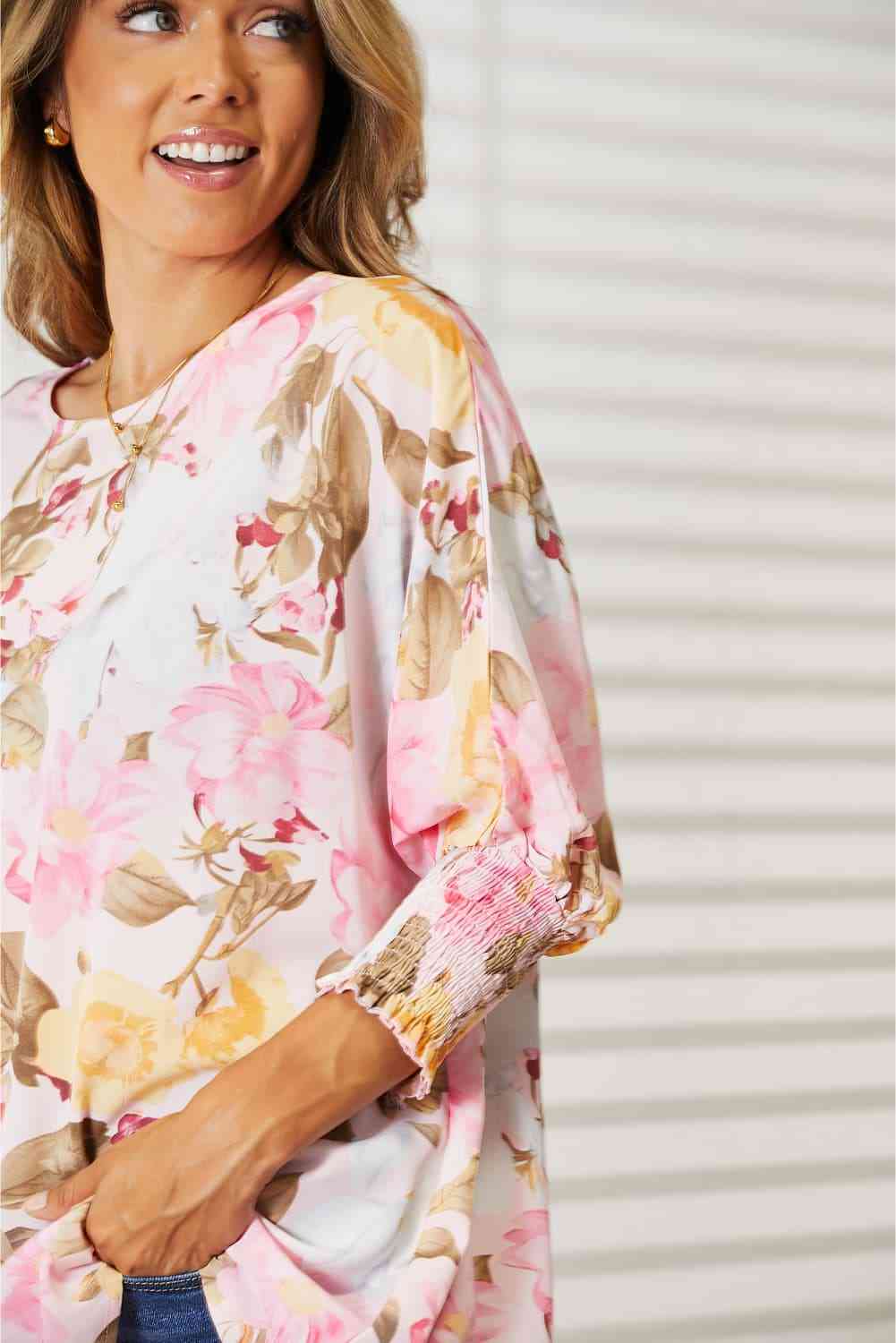 Double Take Floral Round Neck Three-Quarter Sleeve Top Womens Blouse   