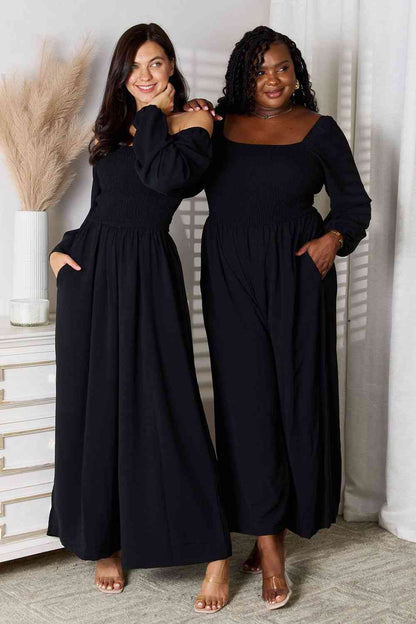 Double Take Square Neck Jumpsuit with Pockets Jumpsuit Black S 