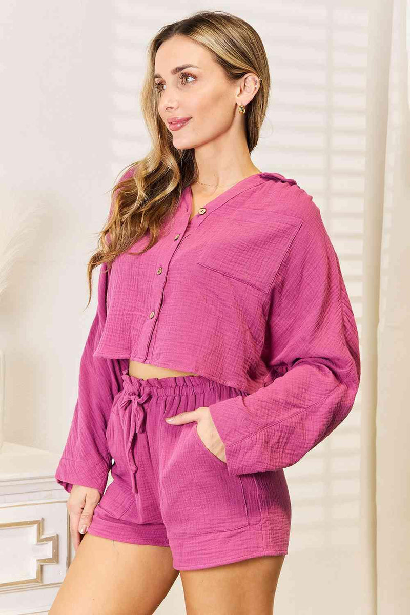 Basic Bae Buttoned Long Sleeve Top and Shorts Set - Three Mad Hatters Mercantile 