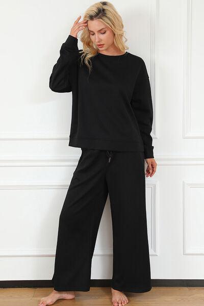 Double Take Full Size Textured Long Sleeve Top and Drawstring Pants Set - Three Mad Hatters Mercantile 