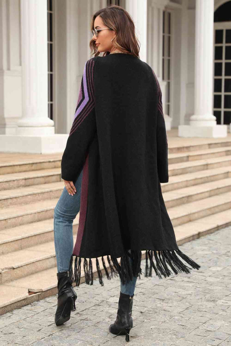 Double Take Geometric Fringe Hem Open Front Duster Cardigan Duster Cardigan   