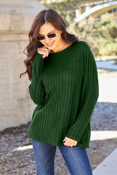 Basic Bae Full Size Ribbed Round Neck Long Sleeve Knit Top - Three Mad Hatters Mercantile 