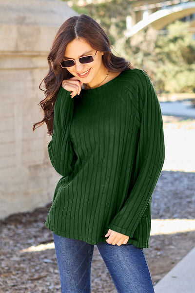 Basic Bae Full Size Ribbed Round Neck Long Sleeve Knit Top Womens Long Sleeve Shirt Green S 