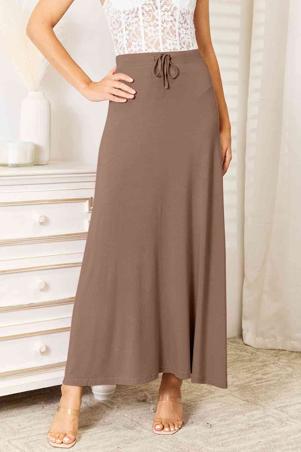 Double Take Full Size Soft Rayon Drawstring Waist Maxi Skirt Rayon Maxi Skirt Taupe S 