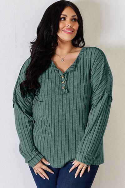 Basic Bae Full Size Ribbed Half Button Long Sleeve T-Shirt - Three Mad Hatters Mercantile 