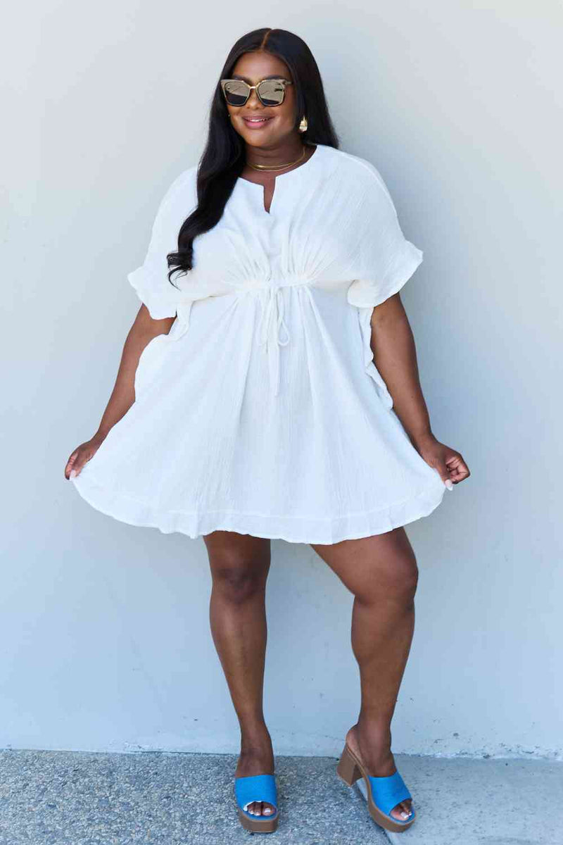 Ninexis Out Of Time Full Size Ruffle Hem Dress with Drawstring Waistband in White women mini dress   