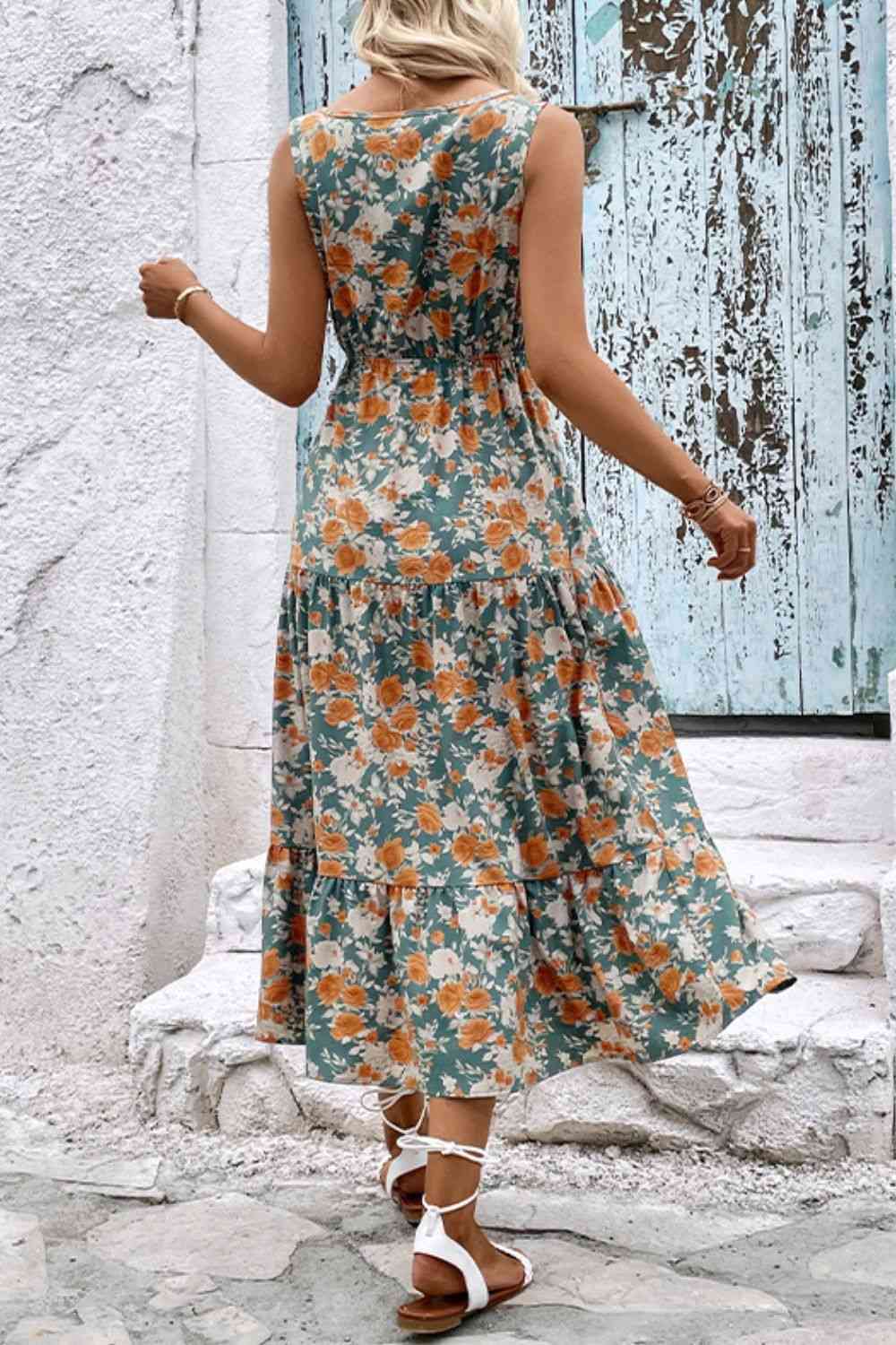 Floral V-Neck Tiered Sleeveless Dress Sleeveless Dress   